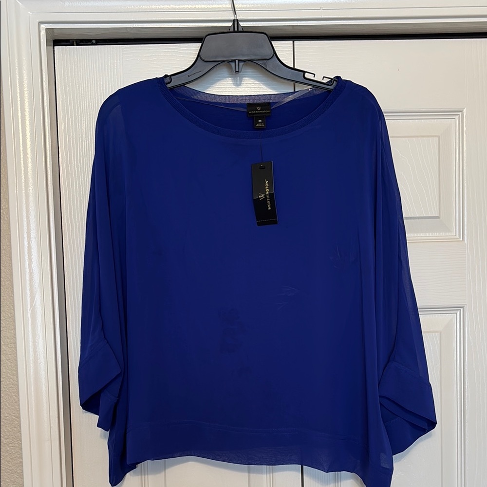 Worthington Blue Blouse with 3/4 Sleeves and Boxy Relaxed Style